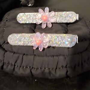 Glittery Hair Clips with Pink Flower Accents